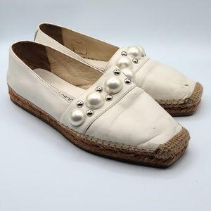 Jimmy Choo White Leather Embellished Espadrille Flats Size 35  Pearl Detailing